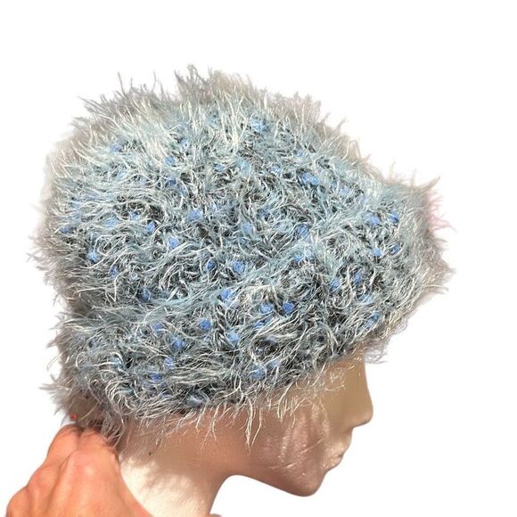 ladies Blue & White Fluffy Soft Wool Cap Hat Beanie - Picture 2 of 8